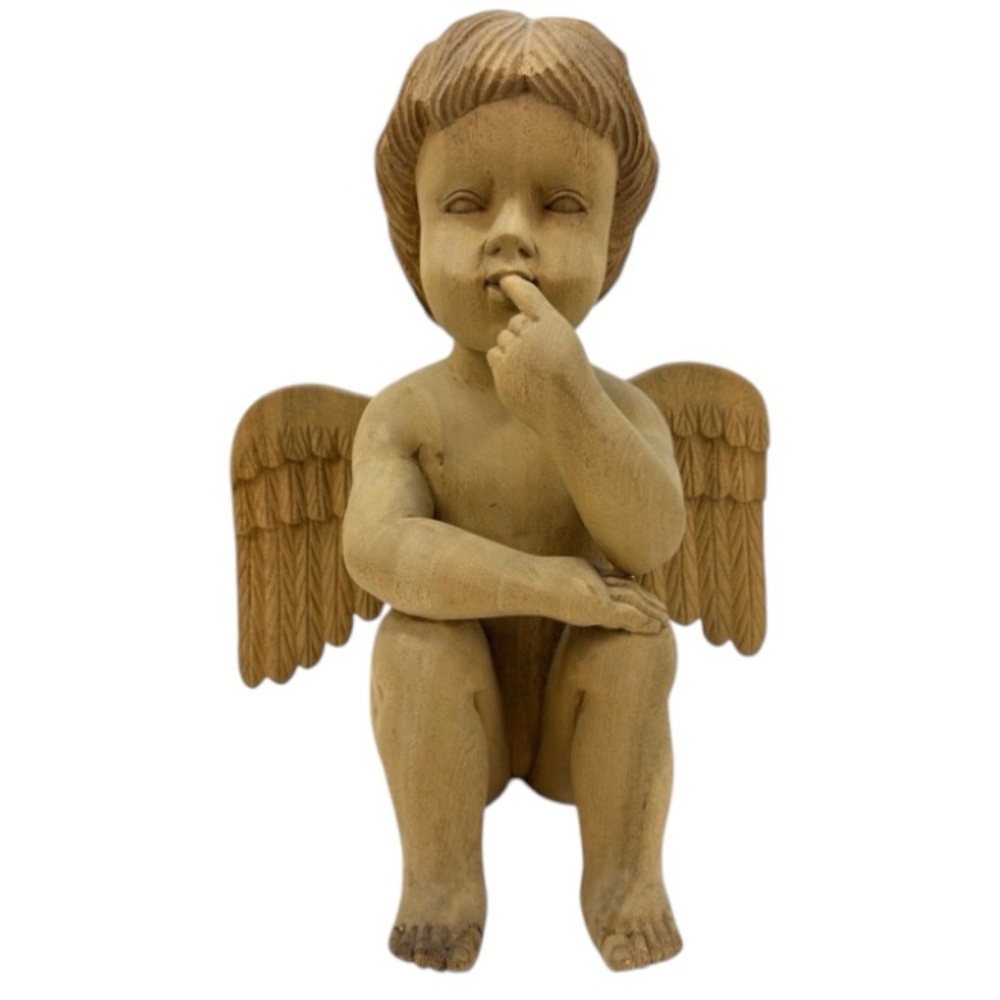 Vintage Hand Carved Wooden Cherub Statue 13"W x 16"H Angelic Cherub Sculpture